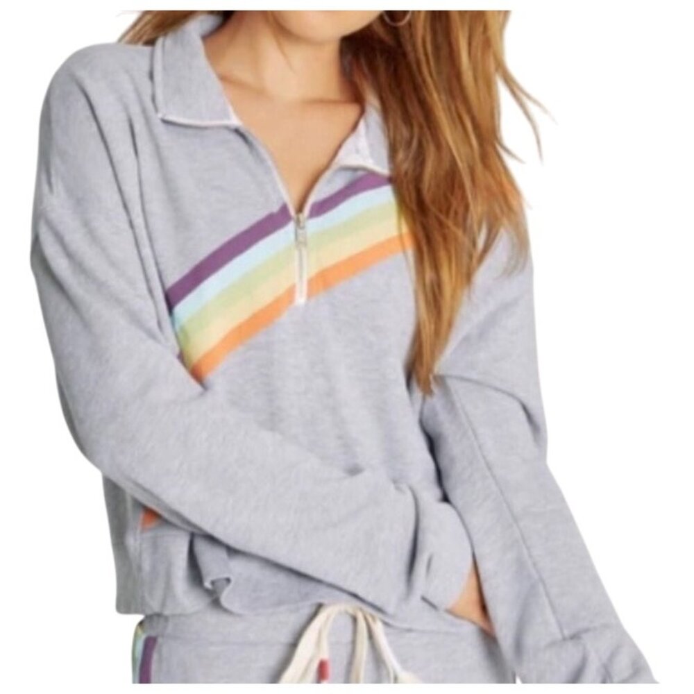 Wildfox Rainbow Stripe Half Zip Front Sweatshirt M light Gray athleisure lounge